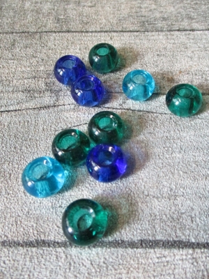 Glasperlen Glaskugeln Großlochperlen flaschengrün dunkelblau türkis 14x10 mm Lochgröße 5,5 mm - MONDSPINNE
