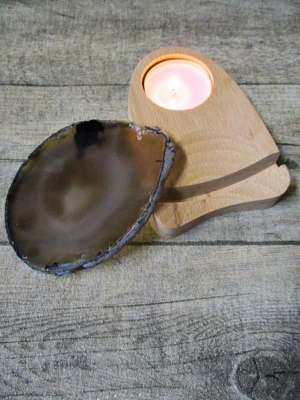 Teelicht Holzständer Achatscheibe grau-braun - MONDSPINNE