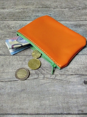 Mini-Börse Portemonnaie orange grün Reißverschluss Leder - MONDSPINNE
