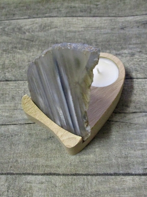 Teelicht Holzständer Achatscheibe grau-weiß gestreift